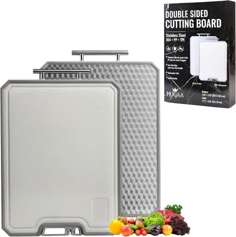 MUGAA Stainless Steel Cutting Board Set, Double-Sided 304 Stainless Steel & PP, Built-In Knife Sharpener, Non-Slip Juice Groove, Dishwasher Safe Steel Cutting Boards For Kitchen, Medium & Large - Image 1